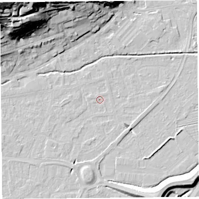 Shaded relief map of the ground around BS216DU, computed from Environment Agency LiDAR. The ground here sits at about 6 m above sea level and falls 51 m across the surrounding 800 m. Surface water reaching this point runs off ground lying to the south-south-west, 1.1 m higher.