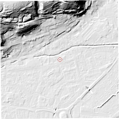 Shaded relief map of the ground around BS216DW, computed from Environment Agency LiDAR. The ground here sits at about 6 m above sea level and falls 61 m across the surrounding 800 m. Surface water reaching this point runs off ground lying to the east-north-east, 0.9 m higher.