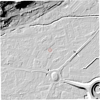 Shaded relief map of the ground around BS216DX, computed from Environment Agency LiDAR. The ground here sits at about 6 m above sea level and falls 34 m across the surrounding 800 m. Surface water reaching this point runs off ground lying to the south, 3.1 m higher.