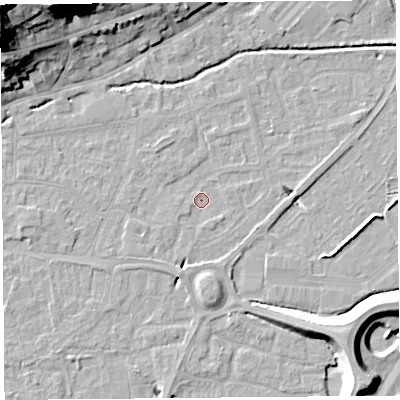 Shaded relief map of the ground around BS216DY, computed from Environment Agency LiDAR. The ground here sits at about 6 m above sea level and falls 27 m across the surrounding 800 m. Surface water reaching this point runs off ground lying to the south-south-west, 3.1 m higher.