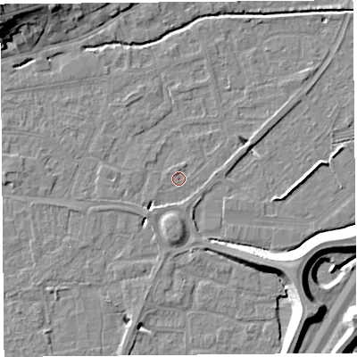 Shaded relief map of the ground around BS216DZ, computed from Environment Agency LiDAR. The ground here sits at about 6 m above sea level and falls 14 m across the surrounding 800 m. Surface water reaching this point runs off ground lying to the south-west, 3.1 m higher.