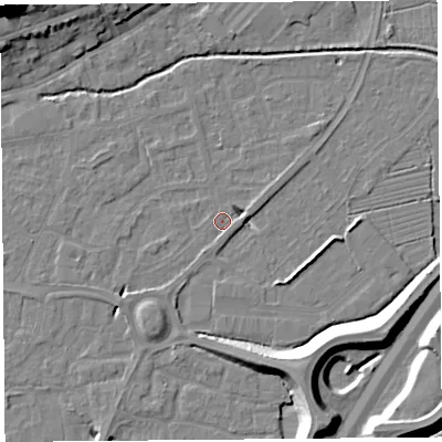 Shaded relief map of the ground around BS216EA, computed from Environment Agency LiDAR. The ground here sits at about 6 m above sea level and falls 19 m across the surrounding 800 m. Surface water reaching this point runs off ground lying to the east, 3.2 m higher.