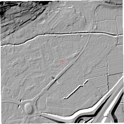 Shaded relief map of the ground around BS216EB, computed from Environment Agency LiDAR. The ground here sits at about 6 m above sea level and falls 32 m across the surrounding 800 m. Surface water reaching this point runs off ground lying to the south, 1.1 m higher.