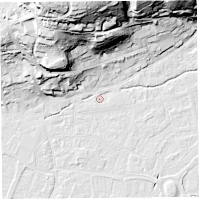 Shaded relief map of the ground around BS216ED, computed from Environment Agency LiDAR. The ground here sits at about 6 m above sea level and falls 60 m across the surrounding 800 m. Surface water reaching this point runs off ground lying to the north-north-west, 43.8 m higher.