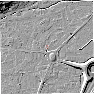 Shaded relief map of the ground around BS216EE, computed from Environment Agency LiDAR. The ground here sits at about 6 m above sea level and falls 18 m across the surrounding 800 m. Surface water reaching this point runs off ground lying to the south, 3.1 m higher.