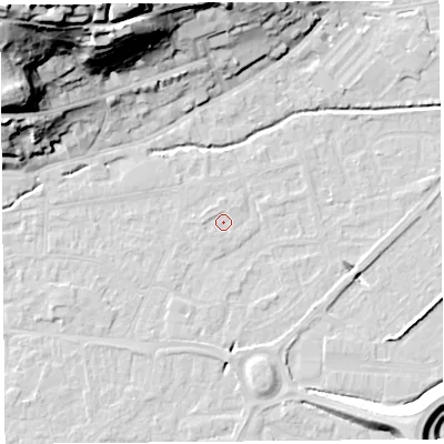 Shaded relief map of the ground around BS216EF, computed from Environment Agency LiDAR. The ground here sits at about 6 m above sea level and falls 46 m across the surrounding 800 m. Surface water reaching this point runs off ground lying to the west, 0.7 m higher.