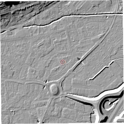 Shaded relief map of the ground around BS216EG, computed from Environment Agency LiDAR. The ground here sits at about 6 m above sea level and falls 23 m across the surrounding 800 m. Surface water reaching this point runs off ground lying to the south-west, 3.1 m higher.
