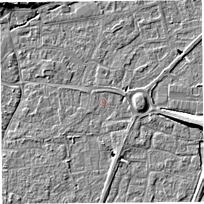 Shaded relief map of the ground around BS216EH, computed from Environment Agency LiDAR. The ground here sits at about 6 m above sea level and falls 10 m across the surrounding 800 m. Surface water reaching this point runs off ground lying to the east-north-east, 1.0 m higher.