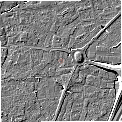 Shaded relief map of the ground around BS216EJ, computed from Environment Agency LiDAR. The ground here sits at about 6 m above sea level and falls 10 m across the surrounding 800 m. Surface water reaching this point runs off ground lying to the north-east, 2.9 m higher.
