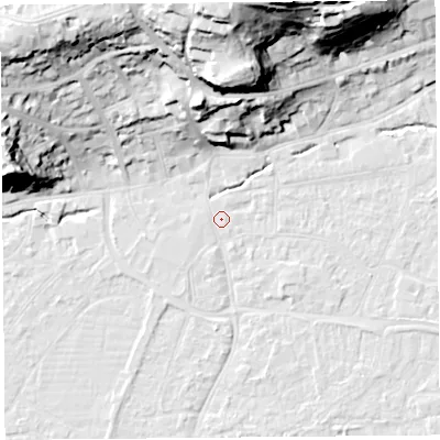 Shaded relief map of the ground around BS216EL, computed from Environment Agency LiDAR. The ground here sits at about 6 m above sea level and falls 40 m across the surrounding 800 m. Surface water reaching this point runs off ground lying to the north, 37.2 m higher.