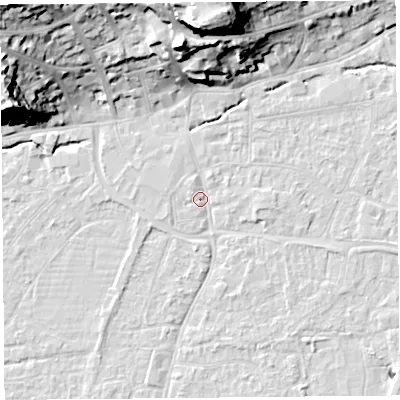 Shaded relief map of the ground around BS216EP, computed from Environment Agency LiDAR. The ground here sits at about 6 m above sea level and falls 30 m across the surrounding 800 m. Surface water reaching this point runs off ground lying to the north, 27.1 m higher.