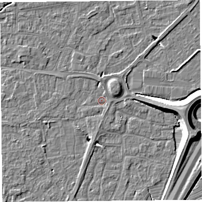 Shaded relief map of the ground around BS216EQ, computed from Environment Agency LiDAR. The ground here sits at about 6 m above sea level and falls 11 m across the surrounding 800 m. Surface water reaching this point runs off ground lying to the north, 2.9 m higher.