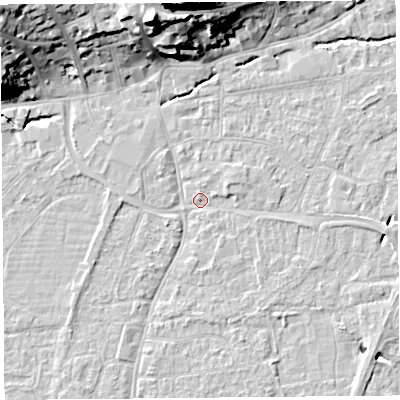 Shaded relief map of the ground around BS216ER, computed from Environment Agency LiDAR. The ground here sits at about 6 m above sea level and falls 28 m across the surrounding 800 m. Surface water reaching this point runs off ground lying to the north-north-west, 20.6 m higher.