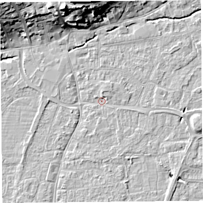 Shaded relief map of the ground around BS216ES, computed from Environment Agency LiDAR. The ground here sits at about 6 m above sea level and falls 24 m across the surrounding 800 m. Surface water reaching this point runs off ground lying to the north, 1.4 m higher.