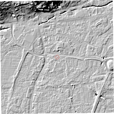 Shaded relief map of the ground around BS216ET, computed from Environment Agency LiDAR. The ground here sits at about 6 m above sea level and falls 21 m across the surrounding 800 m. Surface water reaching this point runs off ground lying to the north, 1.4 m higher.