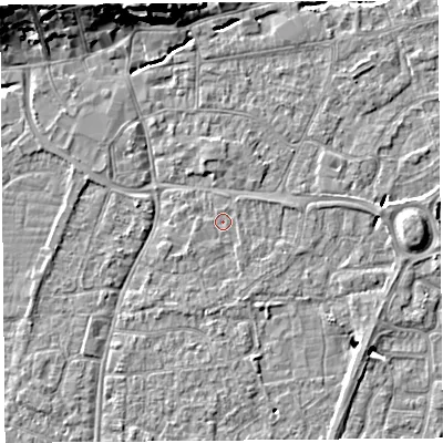 Shaded relief map of the ground around BS216EU, computed from Environment Agency LiDAR. The ground here sits at about 6 m above sea level and falls 12 m across the surrounding 800 m. The ground contributing surface water to this point lies to the west-south-west.