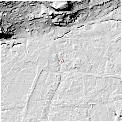 Shaded relief map of the ground around BS216EW, computed from Environment Agency LiDAR. The ground here sits at about 6 m above sea level and falls 30 m across the surrounding 800 m. Surface water reaching this point runs off ground lying to the north, 27.2 m higher.