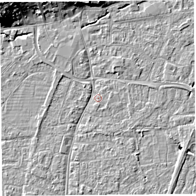 Shaded relief map of the ground around BS216EX, computed from Environment Agency LiDAR. The ground here sits at about 6 m above sea level and falls 22 m across the surrounding 800 m. Surface water reaching this point runs off ground lying to the north, 8.6 m higher.