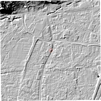 Shaded relief map of the ground around BS216EY, computed from Environment Agency LiDAR. The ground here sits at about 6 m above sea level and falls 29 m across the surrounding 800 m. Surface water reaching this point runs off ground lying to the north-west, 1.5 m higher.