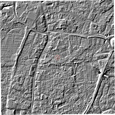 Shaded relief map of the ground around BS216EZ, computed from Environment Agency LiDAR. The ground here sits at about 6 m above sea level and falls 4 m across the surrounding 800 m. Surface water reaching this point runs off ground lying to the east-south-east, 0.7 m higher.