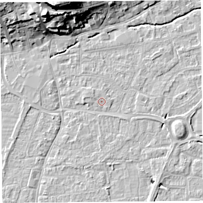 Shaded relief map of the ground around BS216FH, computed from Environment Agency LiDAR. The ground here sits at about 6 m above sea level and falls 29 m across the surrounding 800 m. Surface water reaching this point runs off ground lying to the west-north-west, 0.9 m higher.