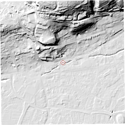 Shaded relief map of the ground around BS216FJ, computed from Environment Agency LiDAR. The ground here sits at about 6 m above sea level and falls 60 m across the surrounding 800 m. Surface water reaching this point runs off ground lying to the north-north-west, 43.8 m higher.