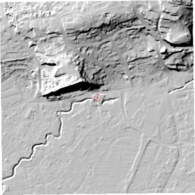 Shaded relief map of the ground around BS216FL, computed from Environment Agency LiDAR. The ground here sits at about 6 m above sea level and falls 43 m across the surrounding 800 m. Surface water reaching this point runs off ground lying to the north-north-east, 31.3 m higher.