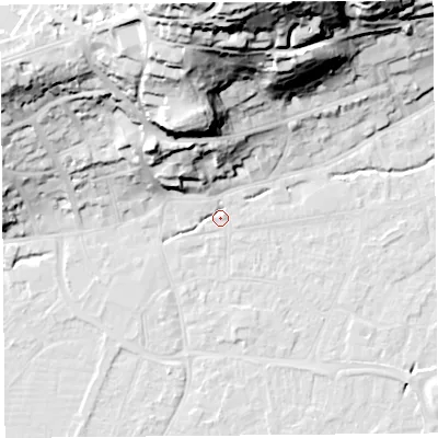 Shaded relief map of the ground around BS216FN, computed from Environment Agency LiDAR. The ground here sits at about 6 m above sea level and falls 58 m across the surrounding 800 m. Surface water reaching this point runs off ground lying to the north-west, 2.1 m higher.