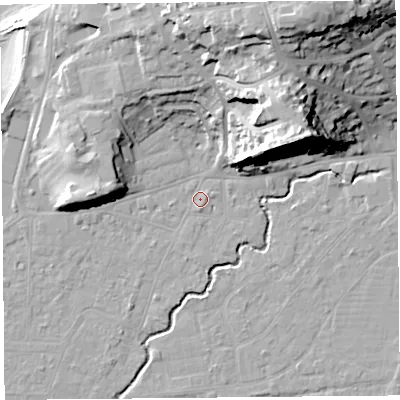 Shaded relief map of the ground around BS216FP, computed from Environment Agency LiDAR. The ground here sits at about 6 m above sea level and falls 34 m across the surrounding 800 m. Surface water reaching this point runs off ground lying to the north-north-east, 25.5 m higher.