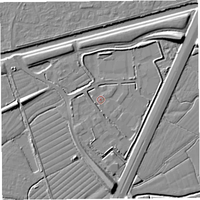 Shaded relief map of the ground around BS216FQ, computed from Environment Agency LiDAR. The ground here sits at about 7 m above sea level and falls 10 m across the surrounding 800 m. Surface water reaching this point runs off ground lying to the south-south-west, 1.9 m higher.