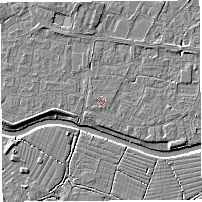 Shaded relief map of the ground around BS216FR, computed from Environment Agency LiDAR. The ground here sits at about 6 m above sea level and falls 4 m across the surrounding 800 m. Surface water reaching this point runs off ground lying to the east, 0.6 m higher.