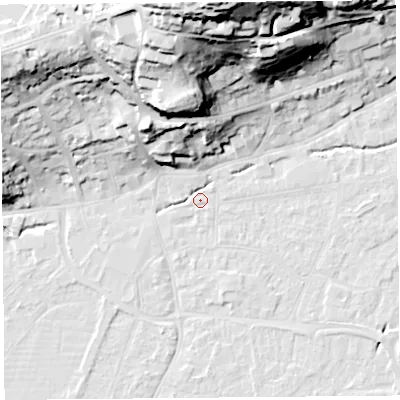Shaded relief map of the ground around BS216FS, computed from Environment Agency LiDAR. The ground here sits at about 6 m above sea level and falls 56 m across the surrounding 800 m. Surface water reaching this point runs off ground lying to the north-west, 20.6 m higher.
