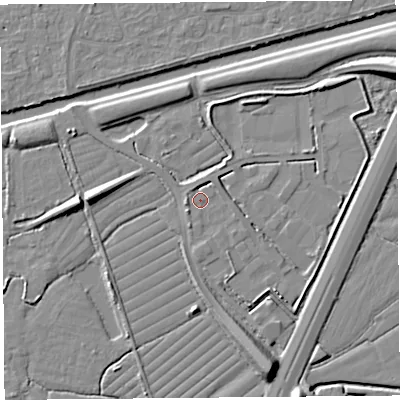 Shaded relief map of the ground around BS216FT, computed from Environment Agency LiDAR. The ground here sits at about 7 m above sea level and falls 10 m across the surrounding 800 m. Surface water reaching this point runs off ground lying to the north-north-west, 2.5 m higher.
