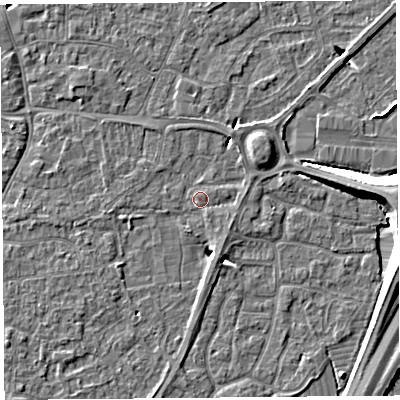Shaded relief map of the ground around BS216FU, computed from Environment Agency LiDAR. The ground here sits at about 6 m above sea level and falls 10 m across the surrounding 800 m. Surface water reaching this point runs off ground lying to the north-north-east, 2.9 m higher.