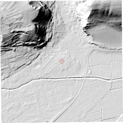 Shaded relief map of the ground around BS216FW, computed from Environment Agency LiDAR. The ground here sits at about 6 m above sea level and falls 80 m across the surrounding 800 m. Surface water reaching this point runs off ground lying to the east-south-east, 0.8 m higher.