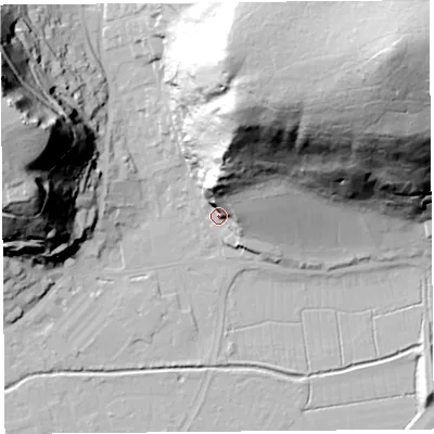 Shaded relief map of the ground around BS216FX, computed from Environment Agency LiDAR. The ground here sits at about 9 m above sea level and falls 92 m across the surrounding 800 m. Surface water reaching this point runs off ground lying to the north-north-east, 51.2 m higher.