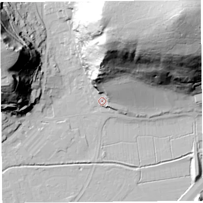 Shaded relief map of the ground around BS216FY, computed from Environment Agency LiDAR. The ground here sits at about 8 m above sea level and falls 92 m across the surrounding 800 m. Surface water reaching this point runs off ground lying to the north, 50.5 m higher.