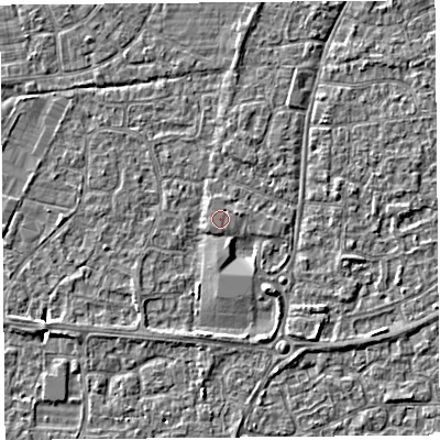 Shaded relief map of the ground around BS216GA, computed from Environment Agency LiDAR. The ground here sits at about 6 m above sea level and falls 4 m across the surrounding 800 m. Surface water reaching this point runs off ground lying to the east-north-east, 0.8 m higher.