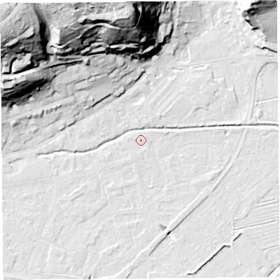 Shaded relief map of the ground around BS216HA, computed from Environment Agency LiDAR. The ground here sits at about 6 m above sea level and falls 61 m across the surrounding 800 m. Surface water reaching this point runs off ground lying to the south-south-west, 0.6 m higher.