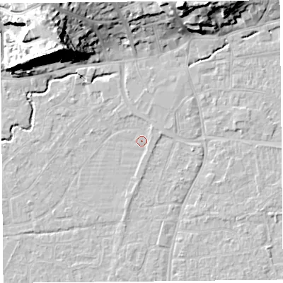 Shaded relief map of the ground around BS216HB, computed from Environment Agency LiDAR. The ground here sits at about 6 m above sea level and falls 28 m across the surrounding 800 m. Surface water reaching this point runs off ground lying to the south-east, 0.8 m higher.