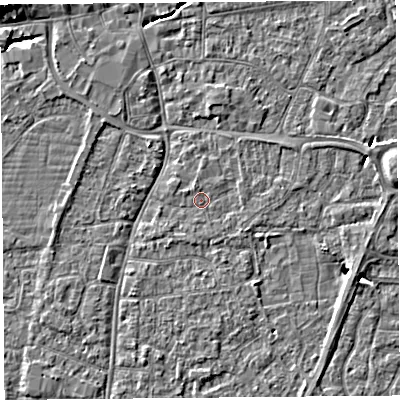 Shaded relief map of the ground around BS216HD, computed from Environment Agency LiDAR. The ground here sits at about 6 m above sea level and falls 8 m across the surrounding 800 m. Surface water reaching this point runs off ground lying to the south-east, 0.7 m higher.