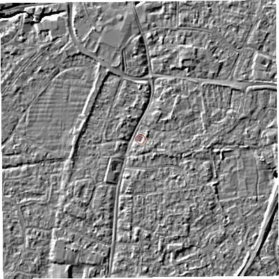 Shaded relief map of the ground around BS216HE, computed from Environment Agency LiDAR. The ground here sits at about 5 m above sea level and falls 4 m across the surrounding 800 m. Surface water reaching this point runs off ground lying to the north-north-east, 1.8 m higher.