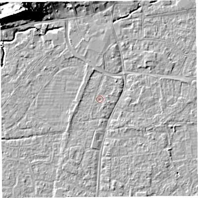 Shaded relief map of the ground around BS216HF, computed from Environment Agency LiDAR. The ground here sits at about 6 m above sea level and falls 28 m across the surrounding 800 m. Surface water reaching this point runs off ground lying to the north-north-west, 1.1 m higher.