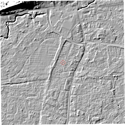 Shaded relief map of the ground around BS216HG, computed from Environment Agency LiDAR. The ground here sits at about 6 m above sea level and falls 28 m across the surrounding 800 m. Surface water reaching this point runs off ground lying to the west-north-west, 0.8 m higher.