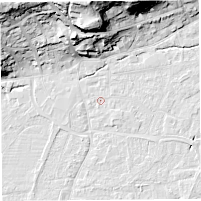Shaded relief map of the ground around BS216HH, computed from Environment Agency LiDAR. The ground here sits at about 6 m above sea level and falls 35 m across the surrounding 800 m. Surface water reaching this point runs off ground lying to the south-east, 1.0 m higher.
