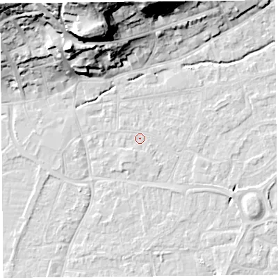 Shaded relief map of the ground around BS216HJ, computed from Environment Agency LiDAR. The ground here sits at about 6 m above sea level and falls 34 m across the surrounding 800 m. Surface water reaching this point runs off ground lying to the south-south-west, 0.8 m higher.