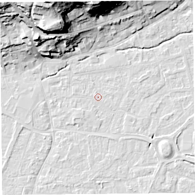 Shaded relief map of the ground around BS216HL, computed from Environment Agency LiDAR. The ground here sits at about 6 m above sea level and falls 36 m across the surrounding 800 m. Surface water reaching this point runs off ground lying to the south-west, 0.8 m higher.