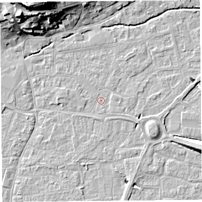 Shaded relief map of the ground around BS216HN, computed from Environment Agency LiDAR. The ground here sits at about 6 m above sea level and falls 29 m across the surrounding 800 m. Surface water reaching this point runs off ground lying to the east-south-east, 1.2 m higher.