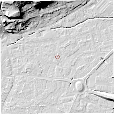 Shaded relief map of the ground around BS216HP, computed from Environment Agency LiDAR. The ground here sits at about 6 m above sea level and falls 36 m across the surrounding 800 m. Surface water reaching this point runs off ground lying to the west-north-west, 1.1 m higher.