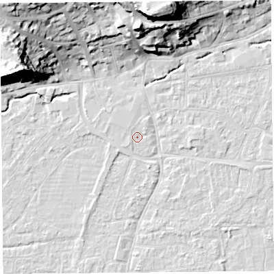 Shaded relief map of the ground around BS216HQ, computed from Environment Agency LiDAR. The ground here sits at about 6 m above sea level and falls 29 m across the surrounding 800 m. Surface water reaching this point runs off ground lying to the north-north-east, 0.8 m higher.
